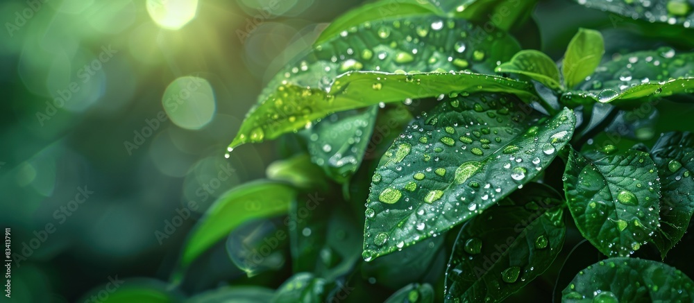 Dewy green leaves in sunlight Dewy green leaves in sunlight