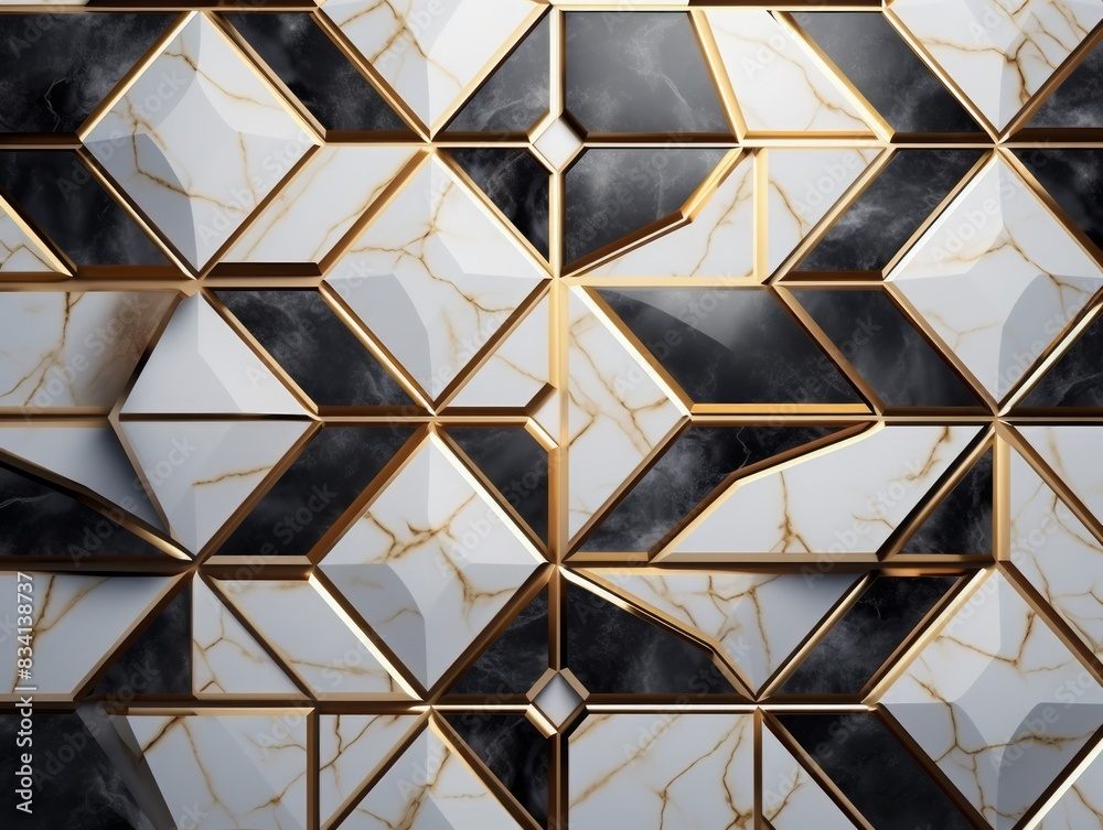A luxurious black and white marble tile wall with gold trim. A luxurious black and white marble tile wall with gold trim.