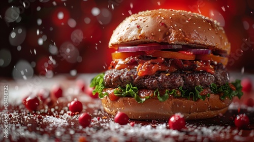 Red background with a tasty burger, delicious food photo