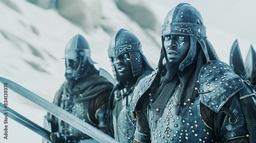 Male Medieval metal armoured knights in black full plate armour with shields and swords Male Medieval metal armoured knights in black full plate armour with shields and swords