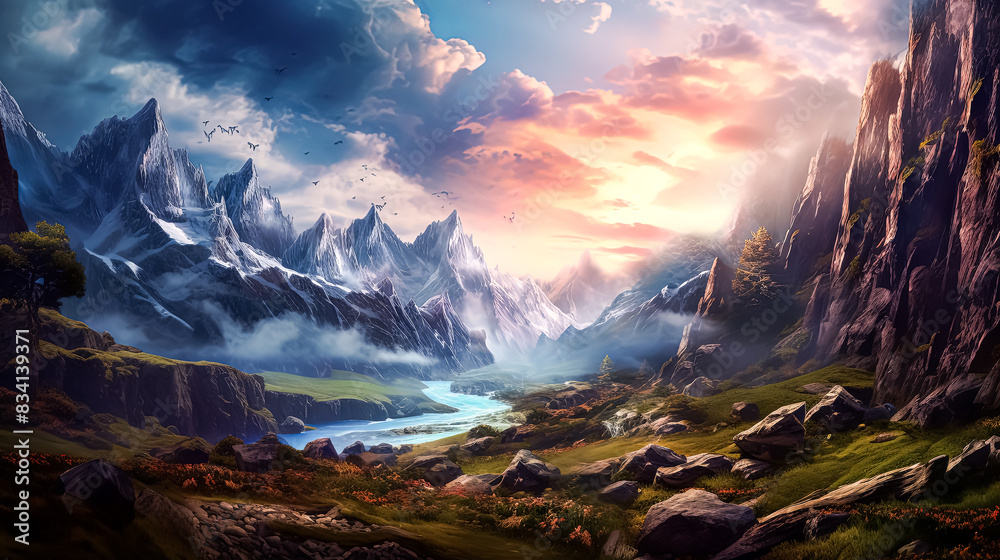 A beautiful landscape with a river and mountains in the background.