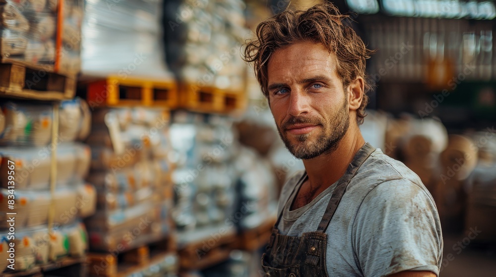 Dedicated labor is embodied by a man standing proudly in front of a warehouse Dedicated labor is embodied by a man standing proudly in front of a warehouse