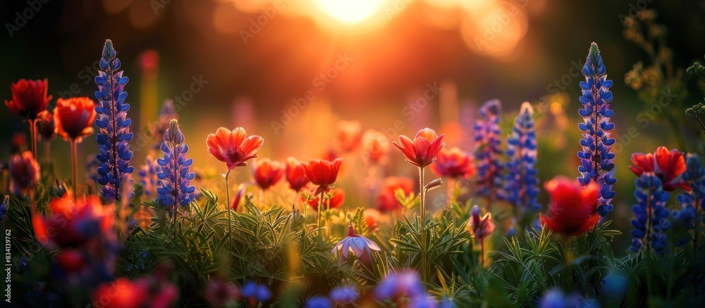 Vibrant wildflowers blooming in golden sunset light Vibrant wildflowers blooming in golden sunset light