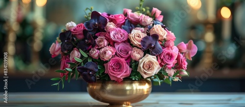 Pink roses and purple orchids in a golden vase