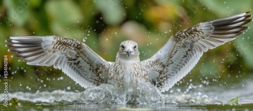 Juvenile lesser black backed gull prepares to take off with raised wings photo