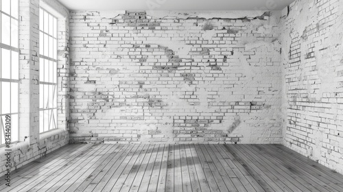 Brick Wall Panoramic. Modern Living Room Interior with White Brick Walls and Wooden Floor