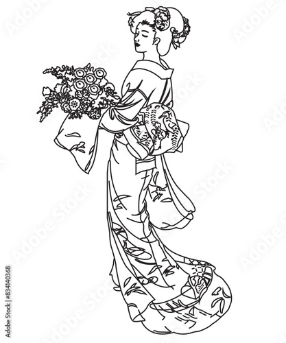 Geisha in Japanese kimono. Traditional girl dress in Japan. Beautiful Asian costume. Female character with oriental national style. Beautiful lady for kabuki linear illustration