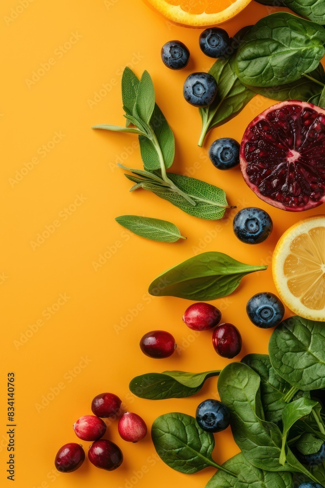 Naklejka premium Top photo of fresh and healthy food. Isolated on Solid Orange Background Copy Space