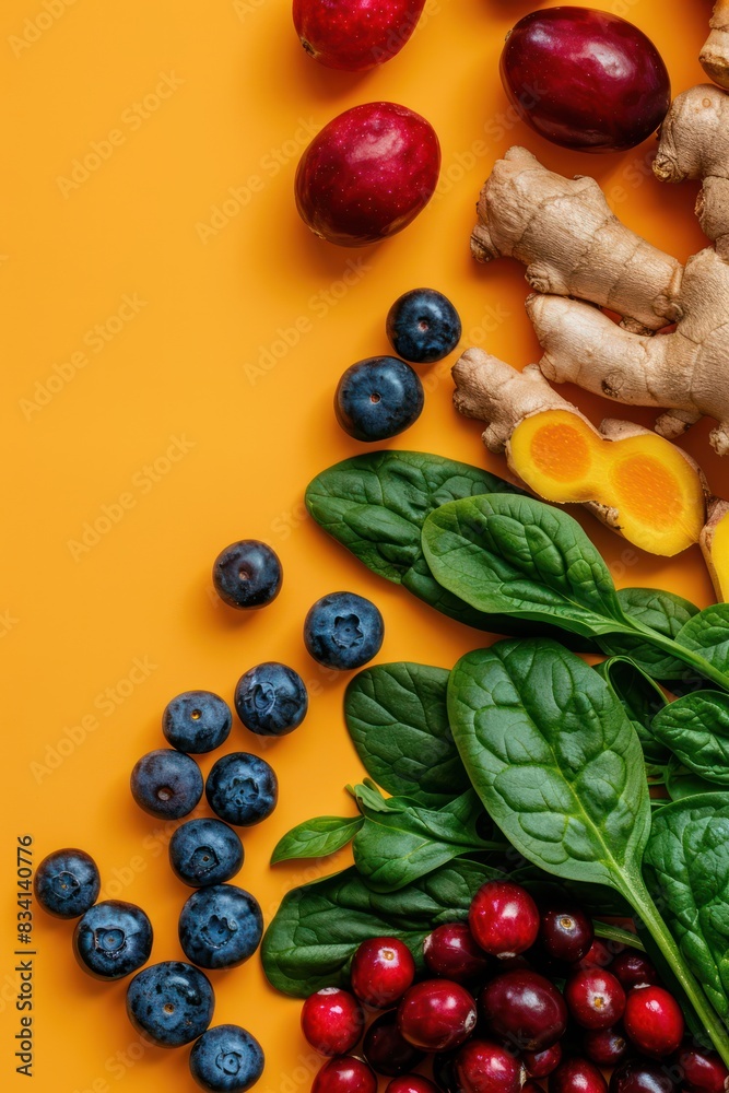 Top photo of fresh and healthy food. Isolated on Solid Orange Background Copy Space Top photo of fresh and healthy food. Isolated on Solid Orange Background Copy Space