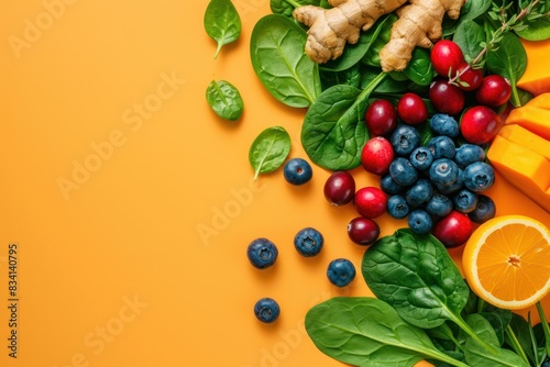 Top photo of fresh and healthy food. Isolated on Solid Orange Background Copy Space