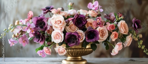 Pink roses and purple orchids in a golden vase