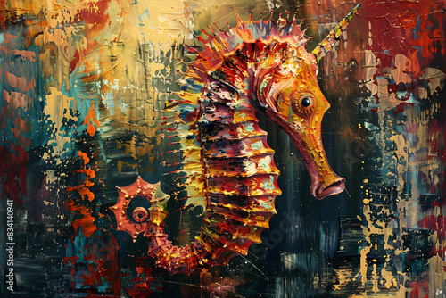 A colorful seahorse is painted on a black background photo