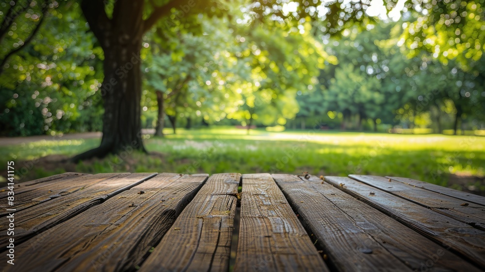 Park Table. Wooden Table in Nature's Green Landscape of Summer Park Park Table. Wooden Table in Nature's Green Landscape of Summer Park