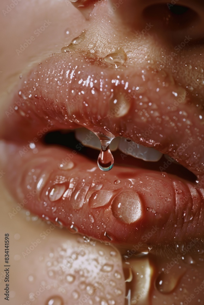 Fototapeta premium Summer Lips. Close-up of Woman's Lips with Water Droplets for a Fresh Look