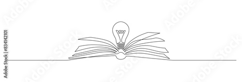 One continuous line drawing of light bulb above book. Knowledge and creative idea symbol in simple linear style. Reading and writing concept in editable stroke. Doodle vector illustration