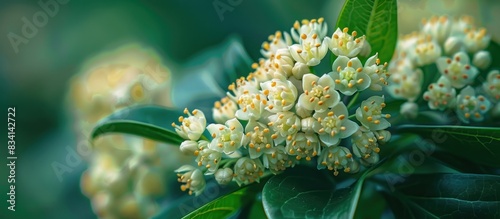 Blooming skimmia japonica flowers in kew green photo
