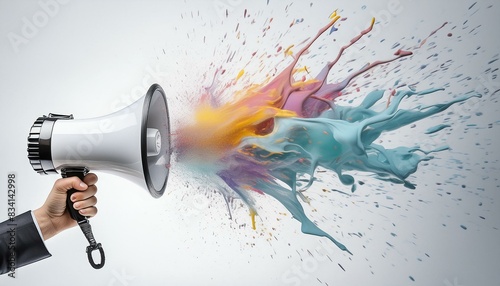 A megaphone ejecting an explosive burst of colorful paint splashes against a white background, symbolizing vibrant communication or announcement,with copy space.Communication concept © richard