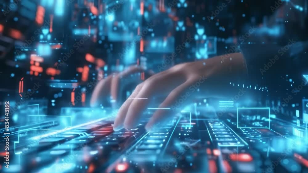 A close-up of hands typing on a keyboard surrounded by a digital interface with lights and data symbols. The image depicts a technological environment possibly at night. Hands appear male, Caucasian. A close-up of hands typing on a keyboard surrounded by a digital interface with lights and data symbols. The image depicts a technological environment possibly at night. Hands appear male, Caucasian.