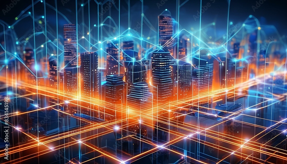 A futuristic cityscape glows under a twilight sky,with buildings appearing as luminous blocks on a grid.Neon orange lines trace paths between the structures,highlighting an advanced,grid-like plan A futuristic cityscape glows under a twilight sky,with buildings appearing as luminous blocks on a grid.Neon orange lines trace paths between the structures,highlighting an advanced,grid-like plan
