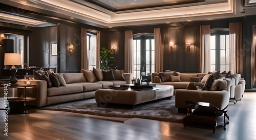 Black and gold living room interior with luxurious furniture