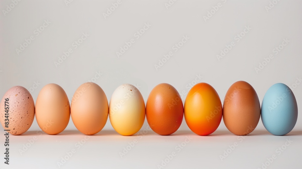 A row of eggs with different colored ones in front of them. A row of eggs with different colored ones in front of them.