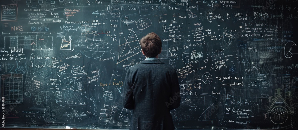 Man contemplating equations on blackboard Man contemplating equations on blackboard