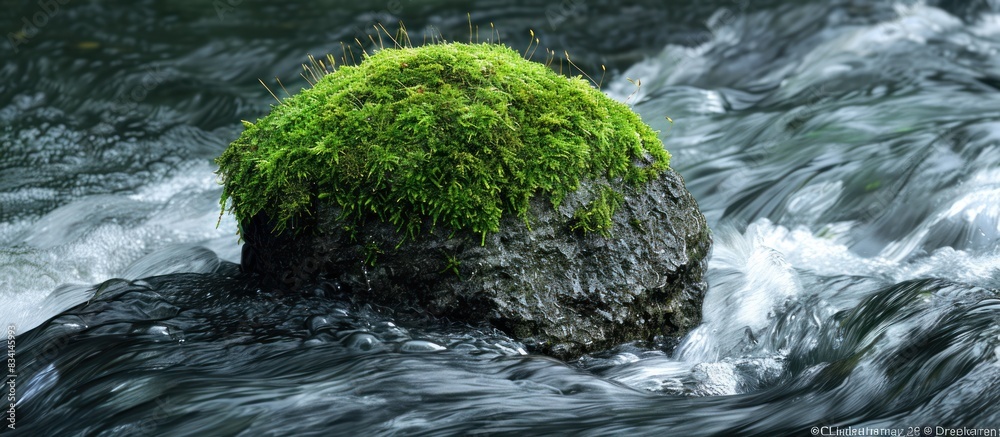 Mossy rock in a rushing river Mossy rock in a rushing river