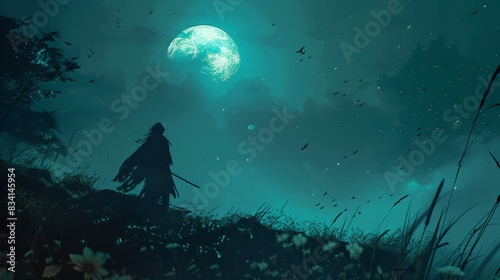 Bring to life a vivid image of a determined sellsword in a night setting, lit by the soft glow of the moon above Emphasize the lowangle view to highlight the strength photo