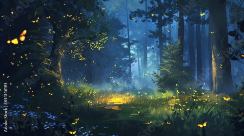 Fireflies, night forest landscape. Digital painting, 4k, high quality. Insects in forest at night. Tall trees, grass, yellow lights. Beautiful scenery, high quality firefly photo