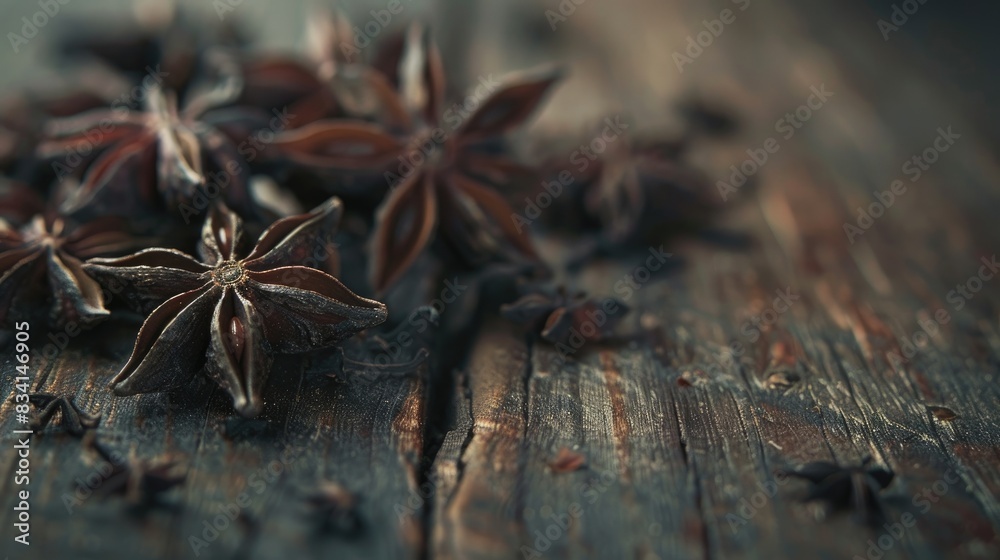 An arrangement of anise stars on a wooden surface
