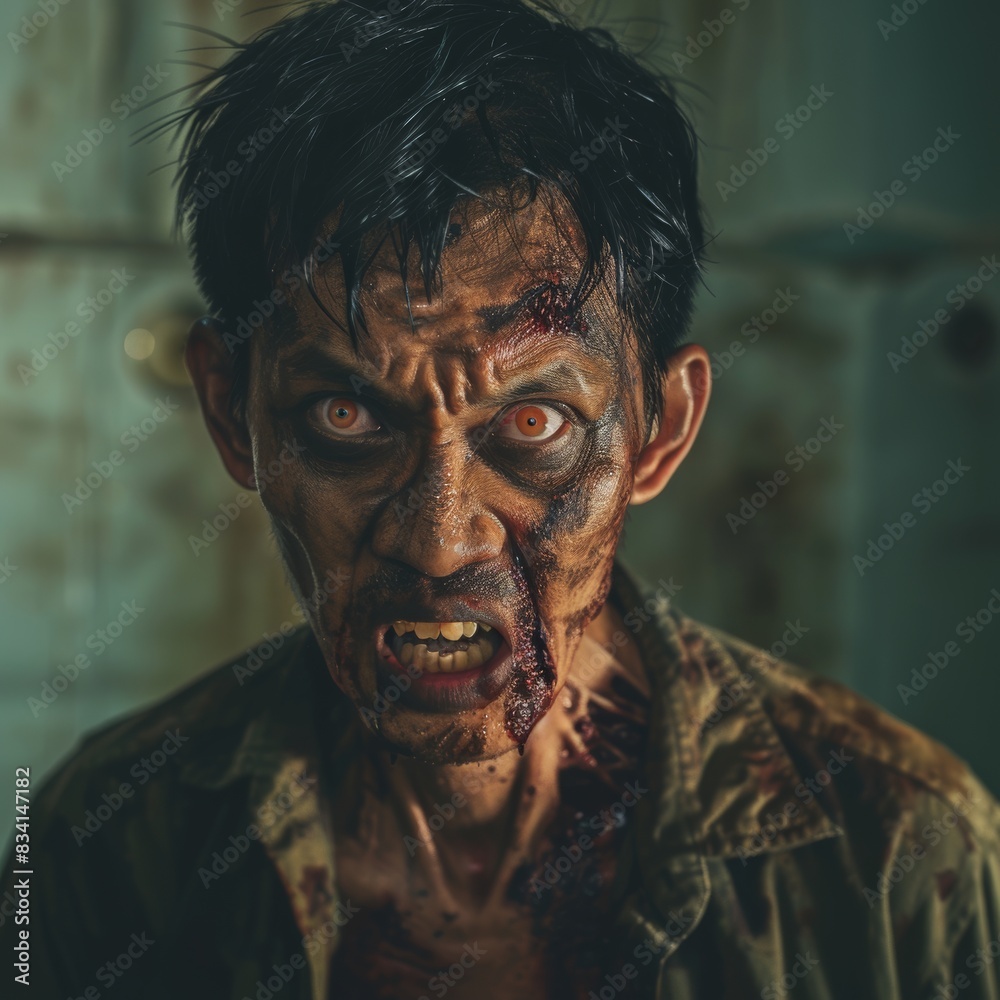 Close-up portrait of a horrible scary zombie. Horror. Halloween. Close-up portrait of a horrible scary zombie. Horror. Halloween.