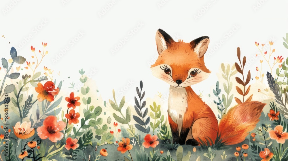 Flat illustration. Horizontal banner. Invitation to a children's birthday. Frame with a cute fox on a background of flowers and leaves. Free space for text Flat illustration. Horizontal banner. Invitation to a children's birthday. Frame with a cute fox on a background of flowers and leaves. Free space for text