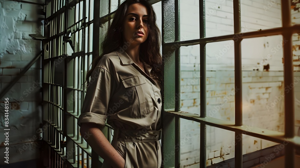 Fototapeta premium Female Prisoner In Orange Jumpsuit Locked Up Behind Bars (Generative AI)