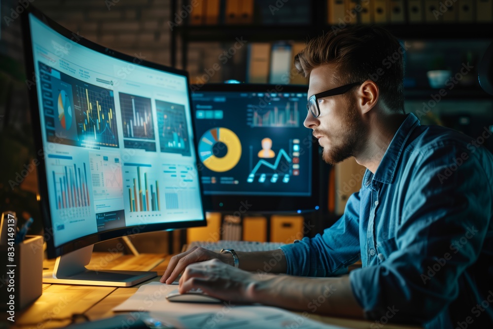 Businessman Creating Market Plan for Startup at Late Night Office with Infobahn Project. Businessman Creating Market Plan for Startup at Late Night Office with Infobahn Project.