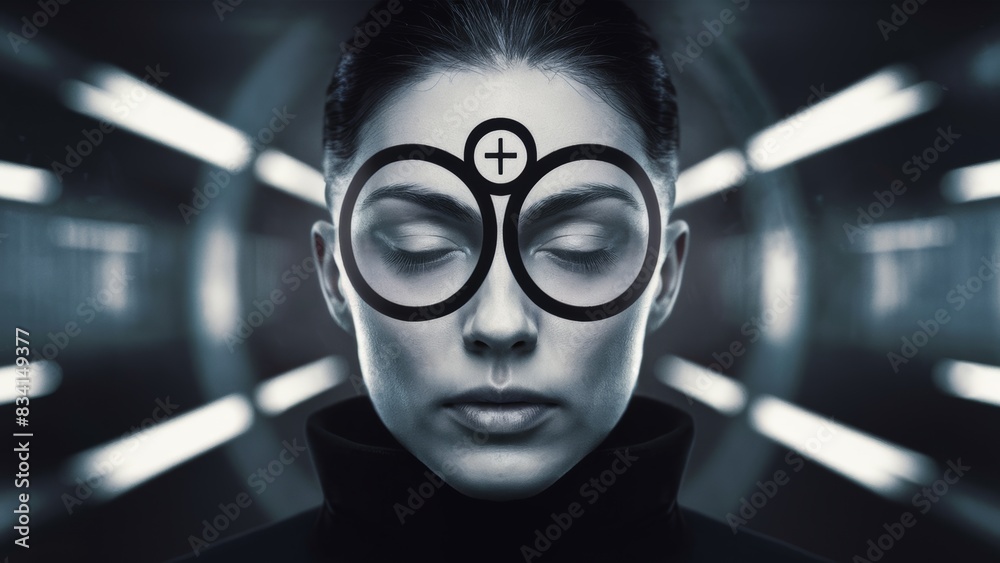 A woman with a cross on her face and two circles, AI A woman with a cross on her face and two circles, AI