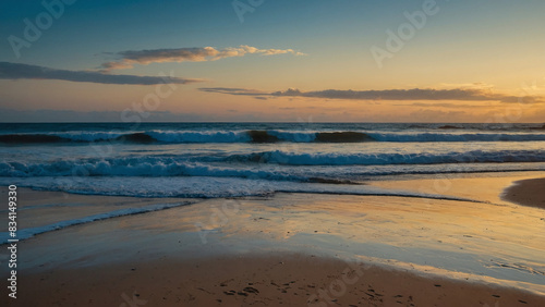 Sunset on the beach  waves hitting the sand  calm  AI