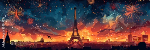 Horizontal banner. Bastille Day  celebration of the French National Day. Fireworks over Paris against the backdrop of the Eiffel Tower and a panorama of the city. Holiday illustration