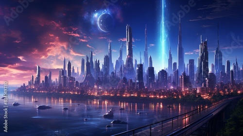 A futuristic city skyline with towering skyscrapers and integrated holographic displays - 