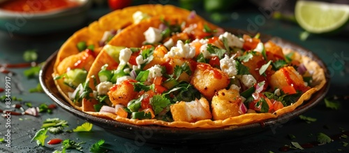  crispy taco shells filled with a vibrant fish taco salsa  featuring chunks of fried fish  diced tomatoes  onions  cilantro  and a sprinkle of crumbled cheese.