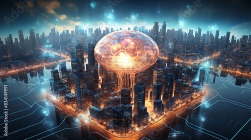 A futuristic cityscape shaped like a brain  with glowing neural pathways and skyscrapers - 