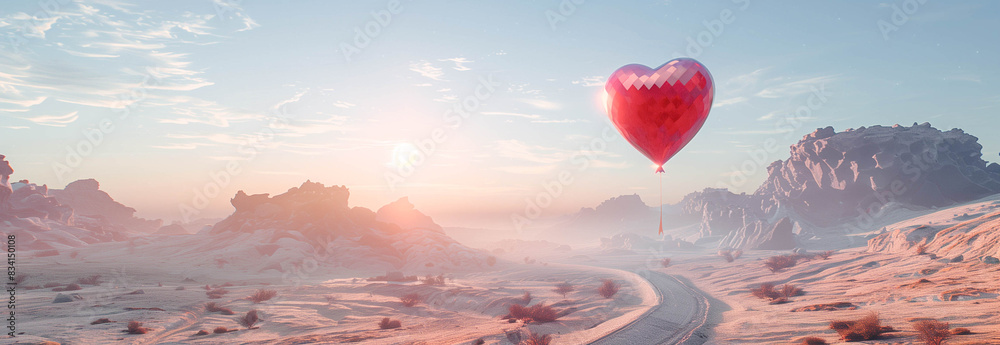 Fototapeta premium Sci-fi background with a red heart-shaped flying balloon on a desert trail