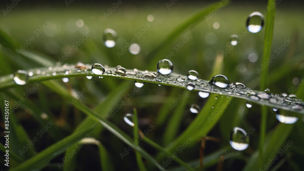 Dew drops on the grass, close-up highlighting nature's delicate beauty Dew drops on the grass, close-up highlighting nature's delicate beauty