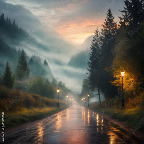 Rain on a road surrounded by beautiful streetlights  with mountains in the background.