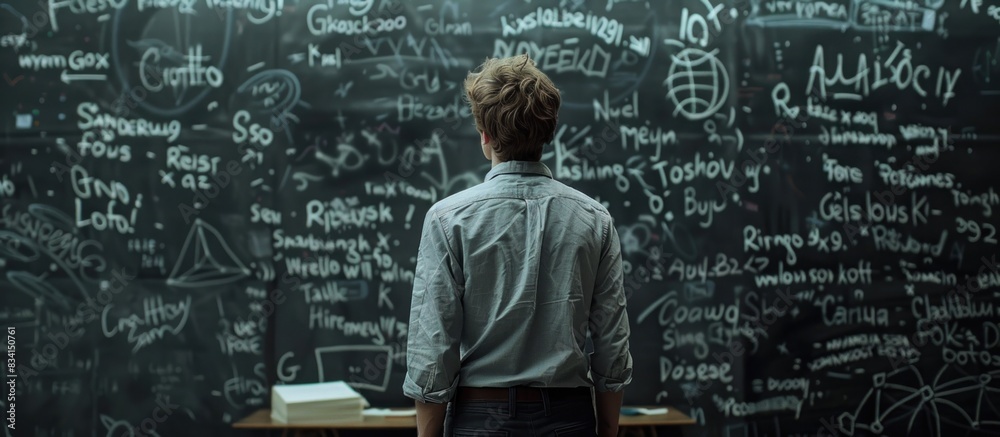 Man contemplating a blackboard filled with notes Man contemplating a blackboard filled with notes