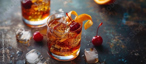 Classic old fashioned cocktail with orange and cherry garnish photo