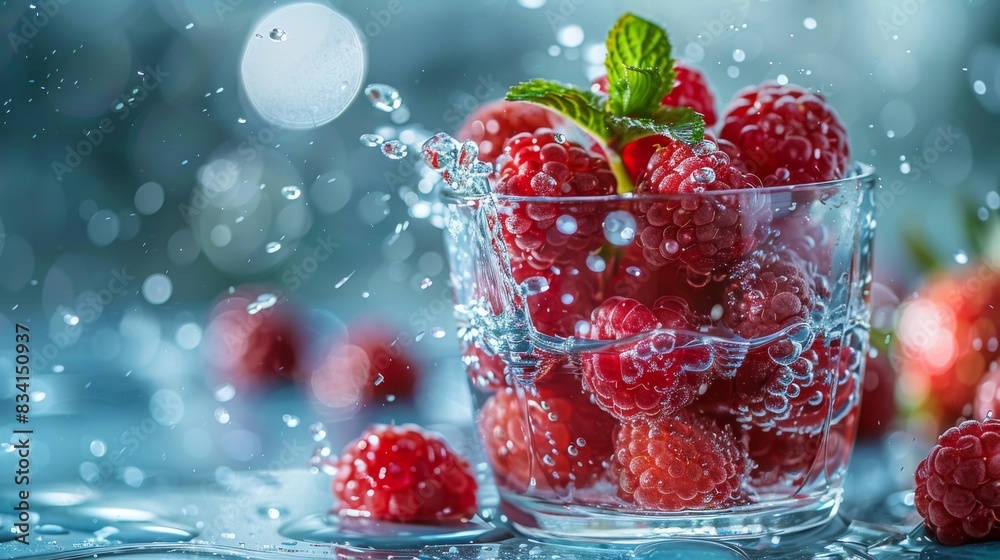 On a blue background, berries are splashing water from a glass On a blue background, berries are splashing water from a glass