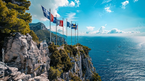 April 20 2022-Capri Italy a beautiful island with spectacular views from high above european union flags and sea with blue sky on background photo