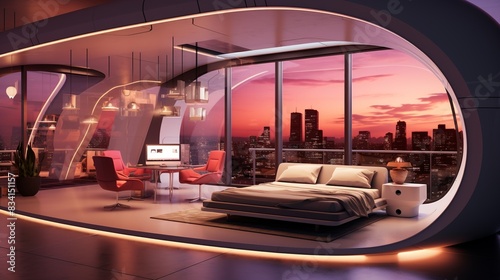A futuristic hotel with automated check-ins and personalized smart room features -  photo