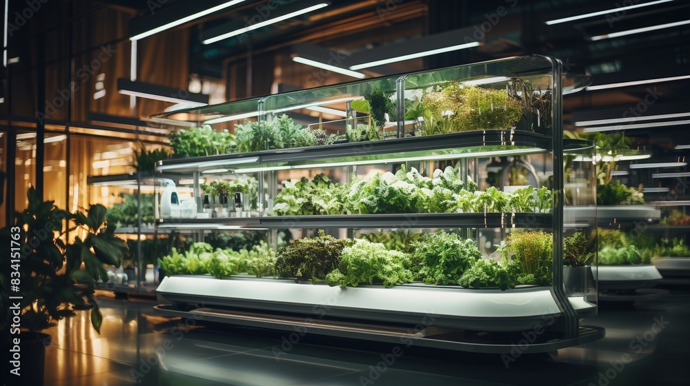 A futuristic indoor farm with automated systems and LED grow lights  