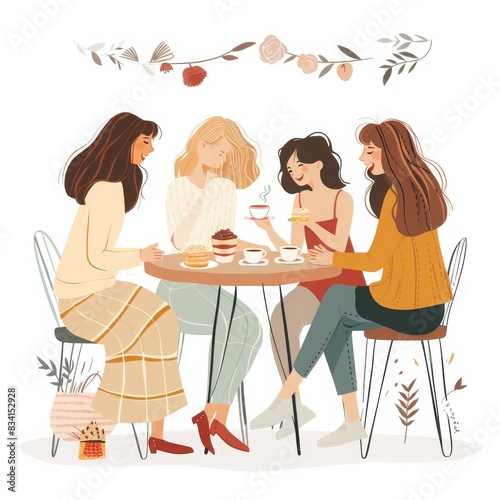 Four female friends sitting at a table, drinking tea and chatting. photo